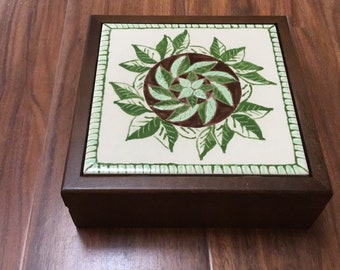 Tile Topped Box, green leaf original design, hinged box.