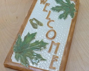 Tile Welcome Sign, Craftsman Wedding gift, Maple leaves, green on cream.