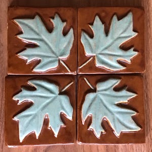 3-inch maple leaf Tile, Arts and Crafts tile for fireplace or kitchen, brown and spring green glaze. Set of 4