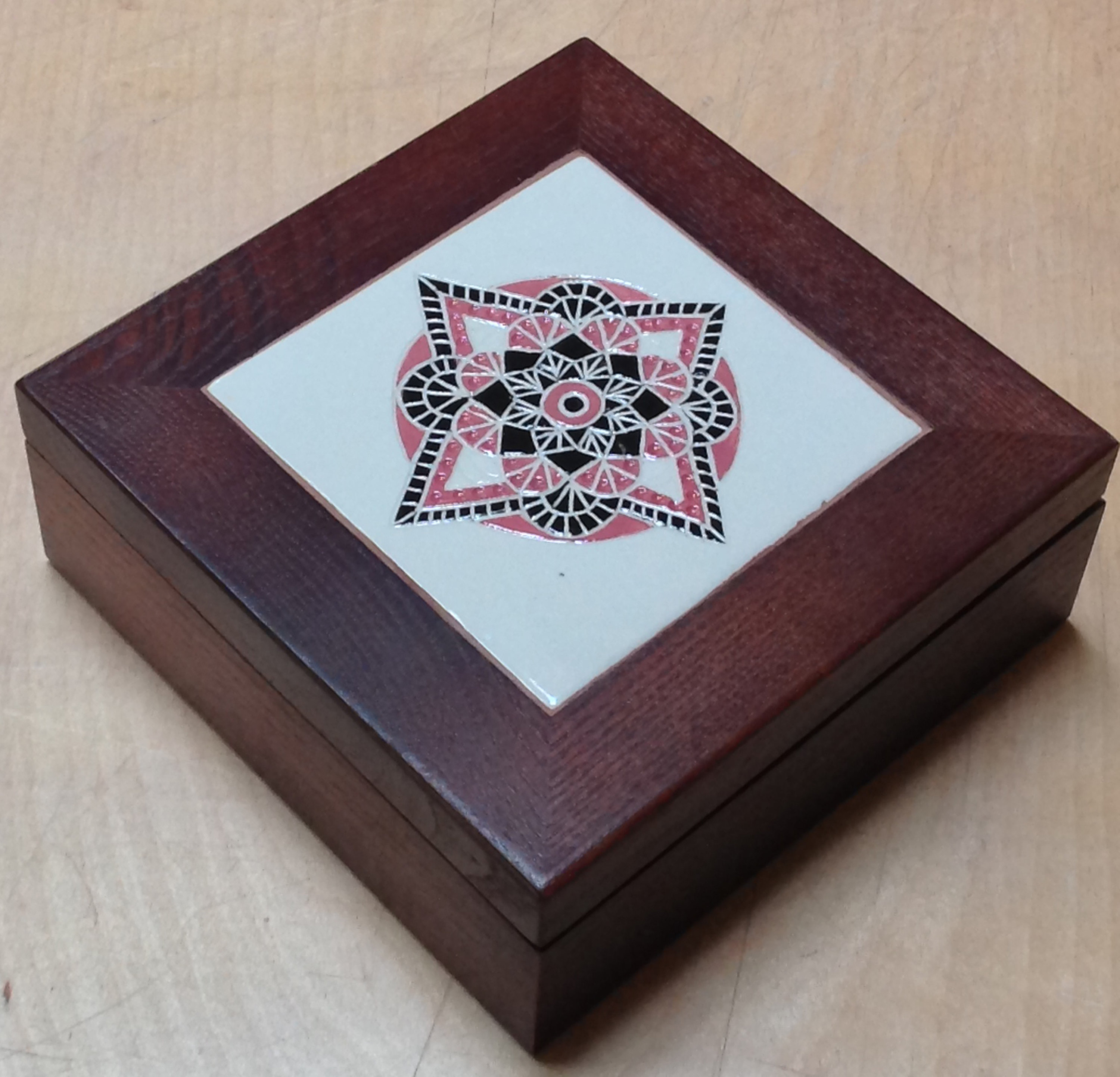 Tile Topped Box, hinged deluxe treasure box, Compass rose, pink, grey & black on white tile