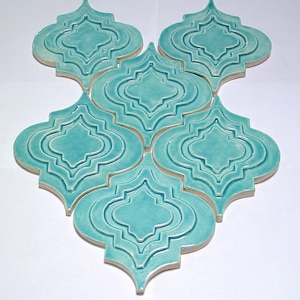 Arabesque Tile, 1 square foot, turquoise glaze, handmade relief tile, for fireplace, kitchen or bath