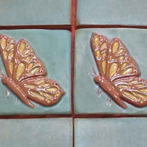 3&quot; Butterfly Tiles, Craftsman old copper and terra-cotta  glaze. Set of 2