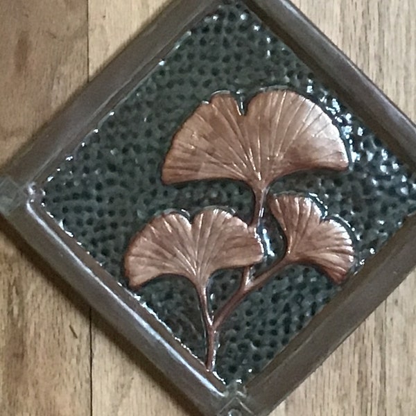 Tile, Gingko Craftsman 6 inch, for fireplace, kitchen or bath. dark grayish green and metallic copper.