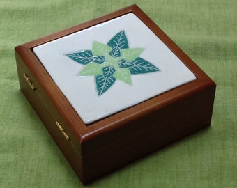 Tile Topped Box, Small treasure box, med and lime green on white leaf design tile