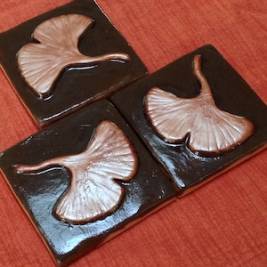 3&quot; Ginkgo Tile, Arts and Crafts tile, espresso and copper glaze.Set of 3