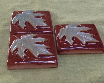 3 inch maple leaf Tile, Arts and Crafts tile for fireplace or kitchen,brown and spring green glaze. Set of 3