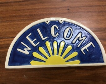 Art Deco Welcome Sign, Wedding or Mothers Day Gift. Sunburst tile, home decor, deep blue and yellow