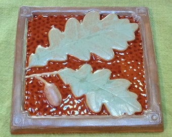 6 inch Oak Leaf & Acorn , chocolate-brown and green glaze. Craftsman