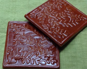 Coaster gift set, foliage with chocolate look glaze Christmas or hostess gift