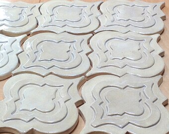 Arabesque Tile, 1 square foot, taupe glaze, handmade relief tile, for fireplace, kitchen or bath