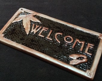 Welcome Sign, Tile Maple Leaf Wedding Gift, Craftsman espresso and metallic copper glaze.