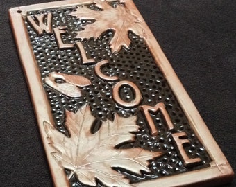 Tile Welcome Sign, Maple Leaf, Wedding Gift. metallic copper and dark brown glaze