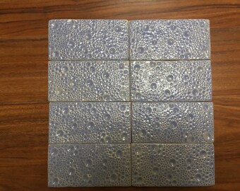 Textured Subway tile, lavender blue glaze, bubble pattern, handmade tile for fireplace kitchen or bath