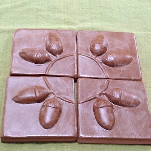 Set of four, 3"  Craftsman Acorn tile, light brown glaze. fireplace, kitchen or Bath