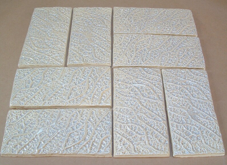 handmade tile for fireplace kitchen or bath roots design Mid-Century Modern 1 square foot Textured Subway Tile oyster shell glaze