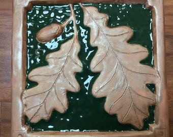 6 inch Oakleaf Tile dark green and copper glaze. Craftsman or Lodge style