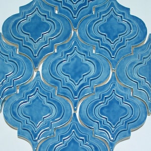 Arabesque Tile, 1 square foot,  Capri Blue glaze, handmade relief tile, for fireplace, kitchen or bath