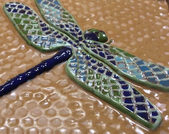 TILE, 6 inch Dragonfly, Craftsman,for fireplace and kitchen backsplash, ocher green and blue