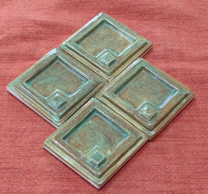 2 3d Geometric Tiles Set Of 4 Mottled Green Glaze Image 0