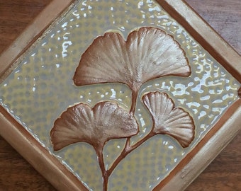 Gingko Tile, 6-inch, oyster shell and copper, Fireplace or kitchen,