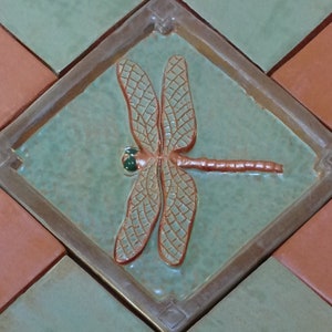 TILE, 6 inch Dragonfly,Craftsman,for fireplace and kitchen backsplash, copper and green glazes.