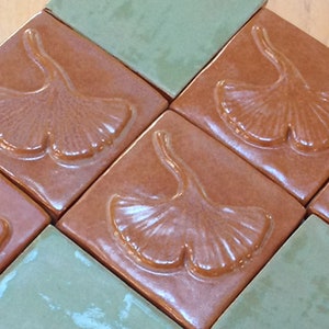 3&quot; Gingko Tile set of three, Arts and Crafts tile for fireplace or kitchen, blush,coral glaze. Craftsman/Bungalow/Mission style