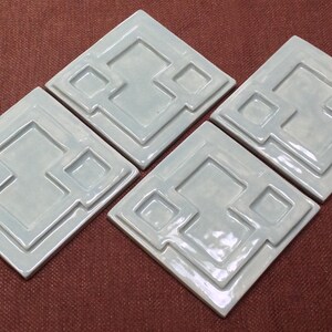 4" 3D Geometric tiles set of 4, Prairie style celadon green glaze. kitchen, fireplace or bath