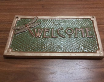 Tile Welcome Sign dragonflies  Rose blue and purple, Spring or Summer gift