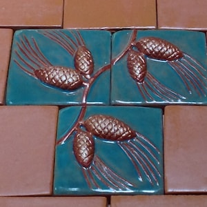 3&quot; Pinecone Tile, Craftsman Teal and copper glaze. Set of 3