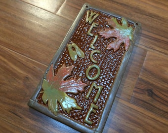 Tile Welcome Sign, Wedding Gift, Craftsman vertical tile, Maple leaves,brown & green