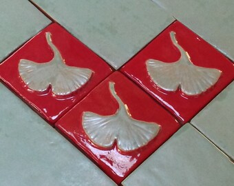 3" Ginkgo Tile/ Arts and Crafts tile for fireplace or kitchen, bright red and green glaze. Set of 3, Craftsman/Bungalow/Mission style