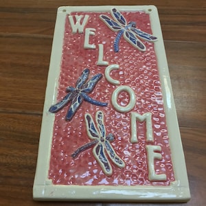 Tile Welcome Sign dragonflies  Rose blue and purple, Spring or Summer gift