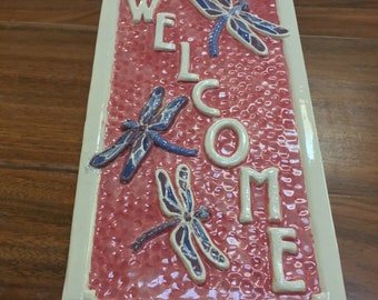 Tile Welcome Sign dragonflies  Rose blue and purple, Spring or Summer gift