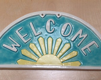Art Deco Welcome Sign, Wedding or Birthday Gift. Sunburst tile, home decor, turquoise and yellow