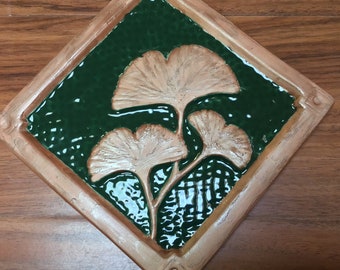 Gingko Tile, 6 inch, Dark green and copper, Fireplace or kitchen,