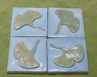 3" Gingko Tiles blue & green glaze. four Craftsman tile