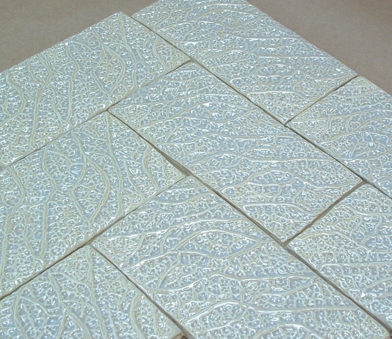 handmade tile for fireplace kitchen or bath roots design Mid-Century Modern 1 square foot Textured Subway Tile oyster shell glaze