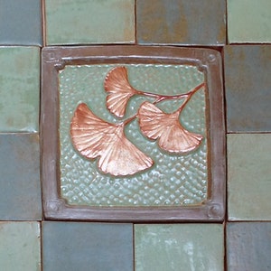 Gingko Tile, 6 inch, green and copper,Fireplace or kitchen, Craftsman