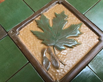 Maple leaf  tile, 6inch, ocher and jade green glaze, Craftsman or Lodge