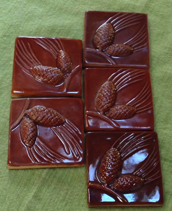 3 Pine Cone Arts And Crafts Tile Setof 4 For Fireplace Etsy