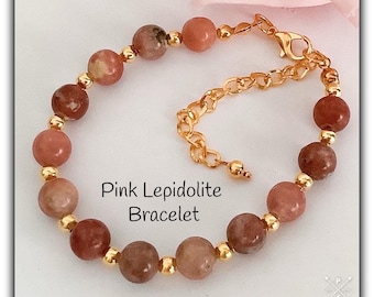 Pink Lepidolite Gemstone Bracelet, Gold Plated Beads, Adjustable