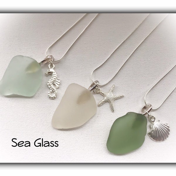 Genuine Sea Glass Pendants with Sea Life Charms Gift Boxed Birthday Christmas Mother Girlfriend Gift