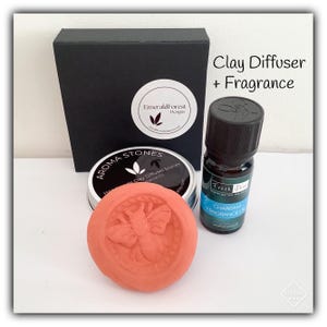 May include: A set of clay diffuser stones with a butterfly design, packaged in a black box with a white label that says "EmeraldForest Designs". The set also includes a small bottle of fragrance oil labelled "Fresh Skin Charisma Fragrance Oil".