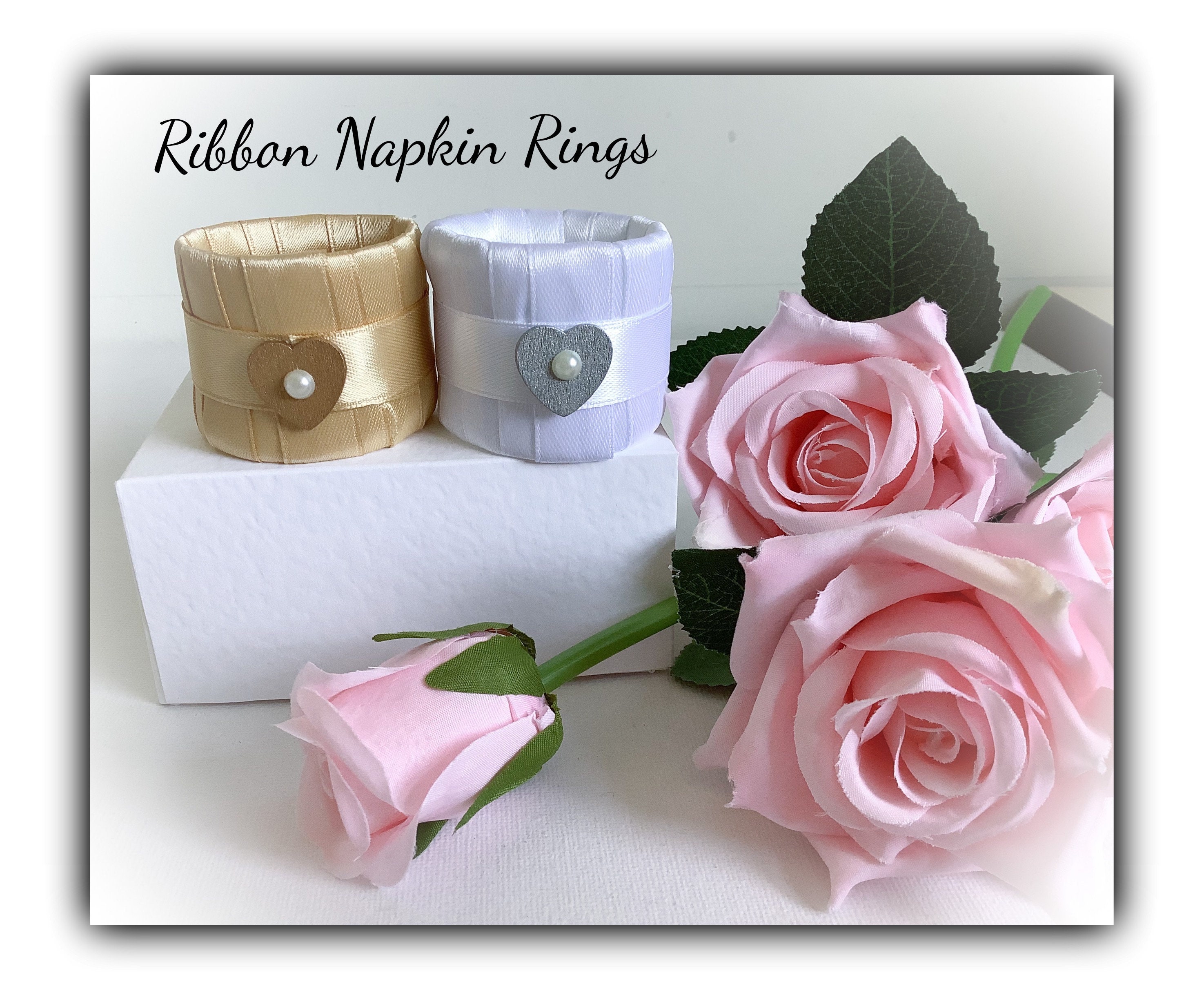 White or Gold Ribbon Napkin Rings Wedding Napkins Bridal Etsy