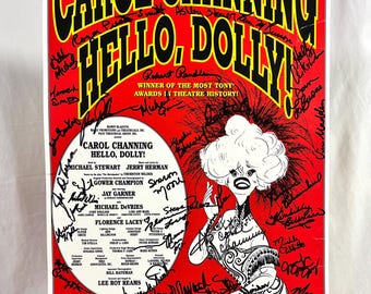 Original HELLO DOLLY Poster Signed by Carol Channing and Broadway Cast Window Card