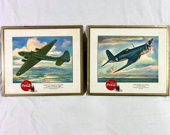 2 Original 1943 Coca Cola Advertisements Military Aviation Print WW2 Fighting Planes 13x15 Poster