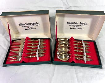 2 Sets 1950s Bangkok Bronze Flatware 12pcs Spoons / Forks Thai Asian Theme