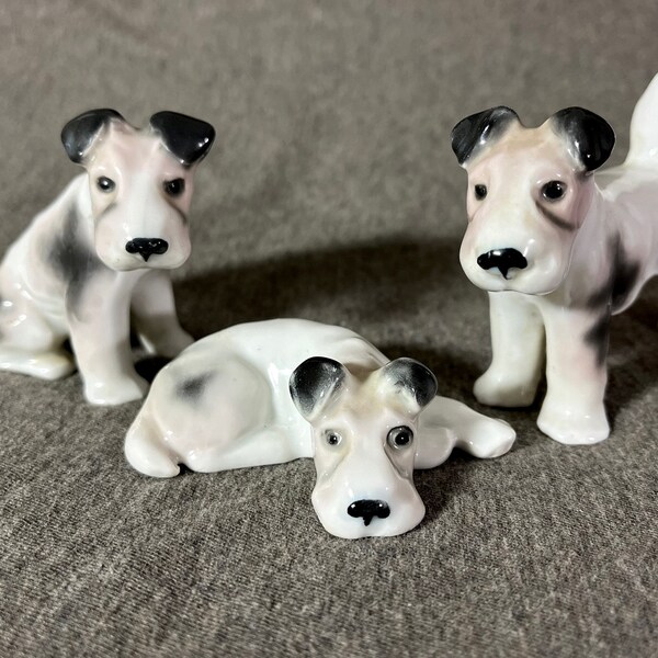 SET di 3 cani Terrier degli anni '30 di Pfeffer Gotha Porzellan Germania Figurine in ceramica Cuccioli