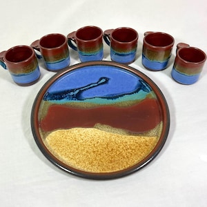 1980s Hand Thrown Mug Set of 7 Signed Doug Adams Artist Studio Blue Stoneware Pottery Mini-Mugs and Plate