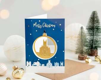 Canterbury Skyline Christmas Card and Gold Bauble